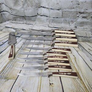 VTG Set Of 11 pcs REGENT SHEFFIELD Steak Knives & Hostess Set Woodgrain Design